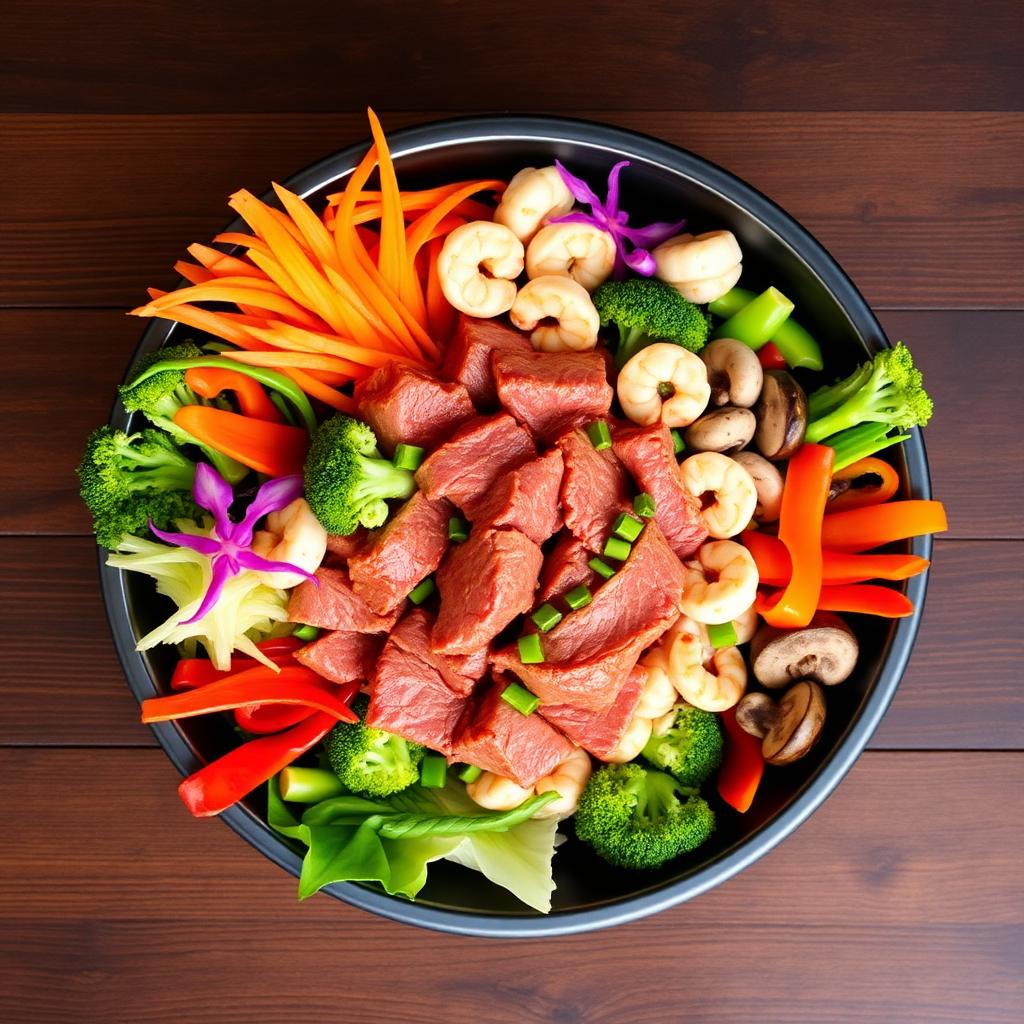 Bowl of fresh meats, shrimp, vegetables ready for the grill